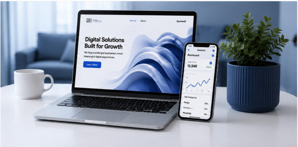 Abacus Group digital solutions displayed on laptop and smartphone
